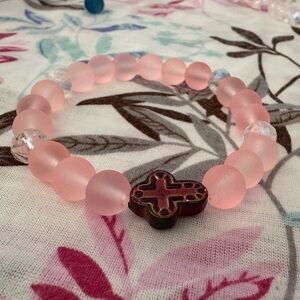 Pink Beaded Bracelet with Cross Charm